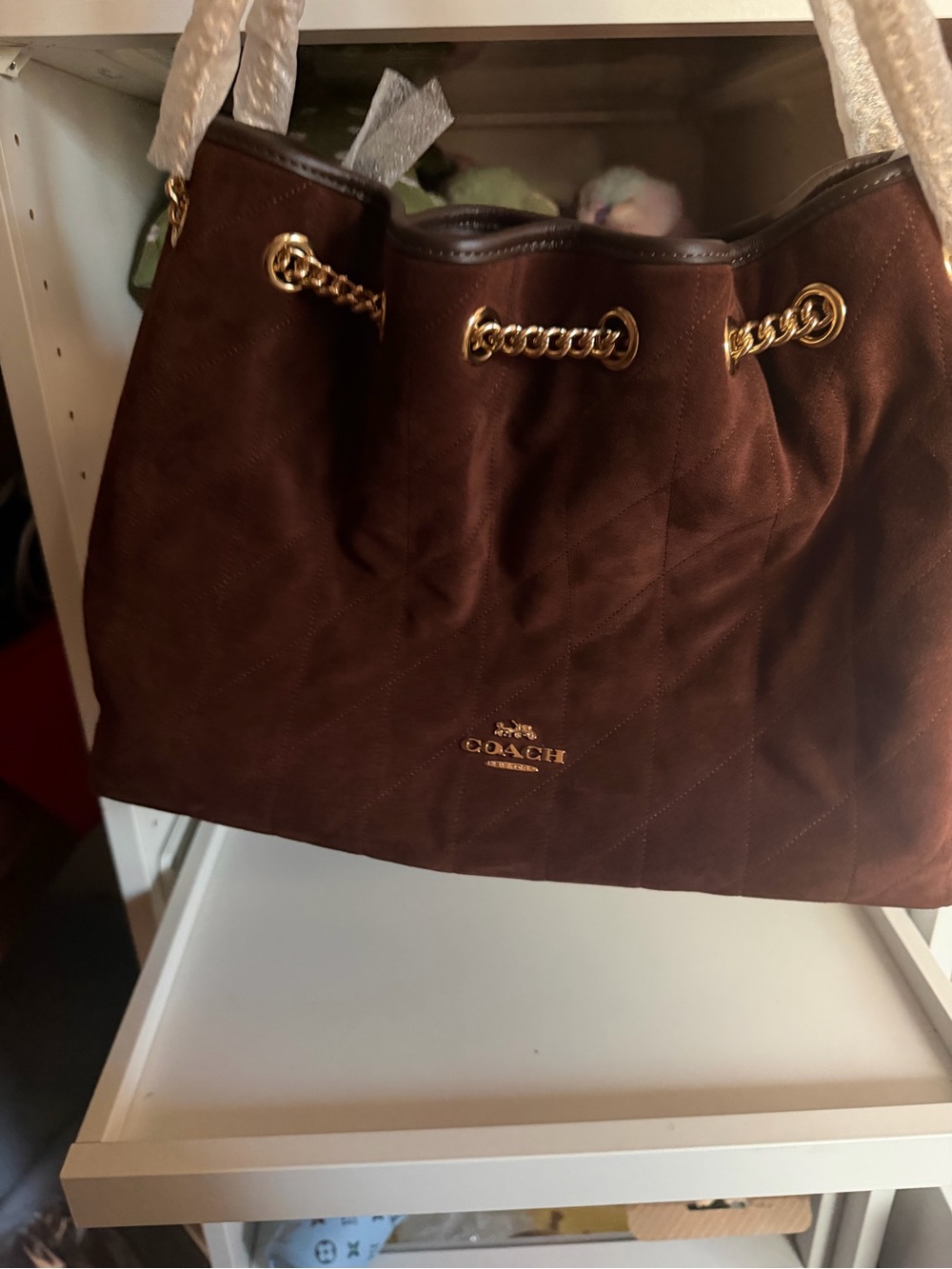 Coach Brown Quilted Tote with Gold Chain Trim